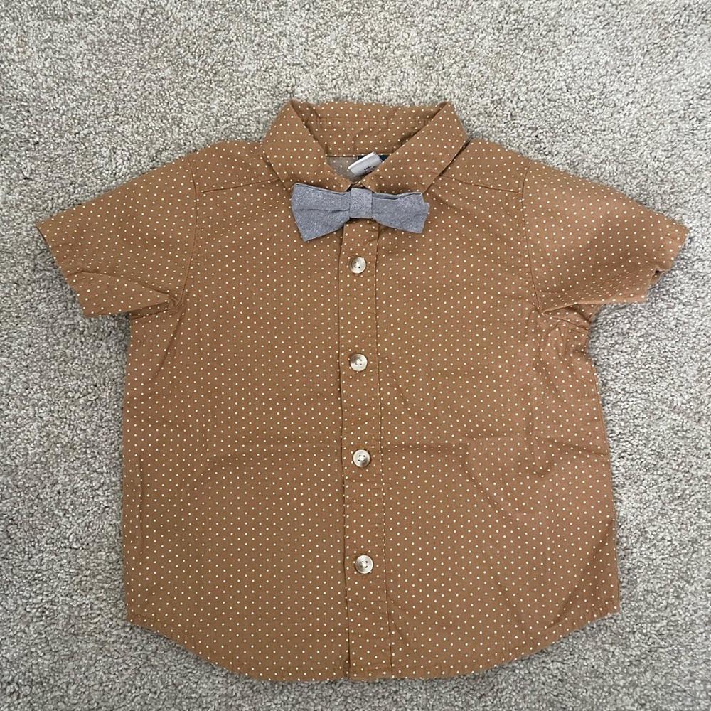 Old Navy Boys Brown Polka Dot Button-Down Shirt with Gray Bow Tie